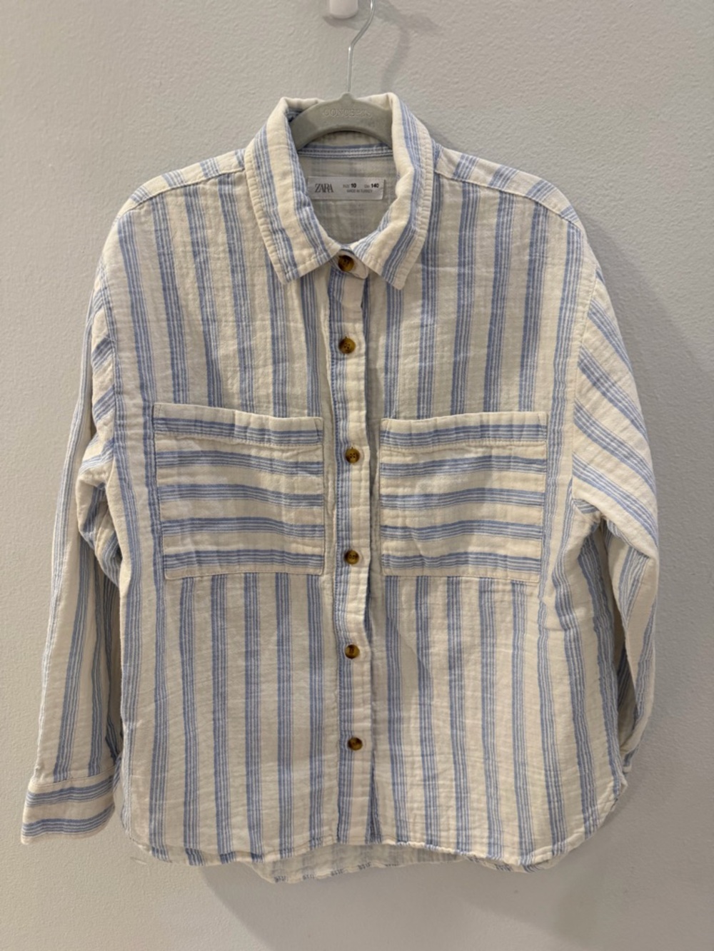 ZARA Cream and Light Blue Striped Linen-Blend Shirt